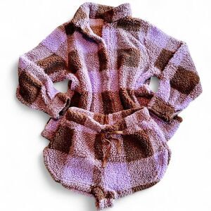 ASOS Design Fuzzy Fleece Brown and Purple Check Short Pajama Set size Petite XS